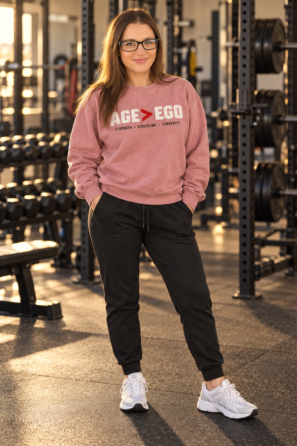 Concept campaign image of Becca in a pink AGE > EGO crewneck at a gym