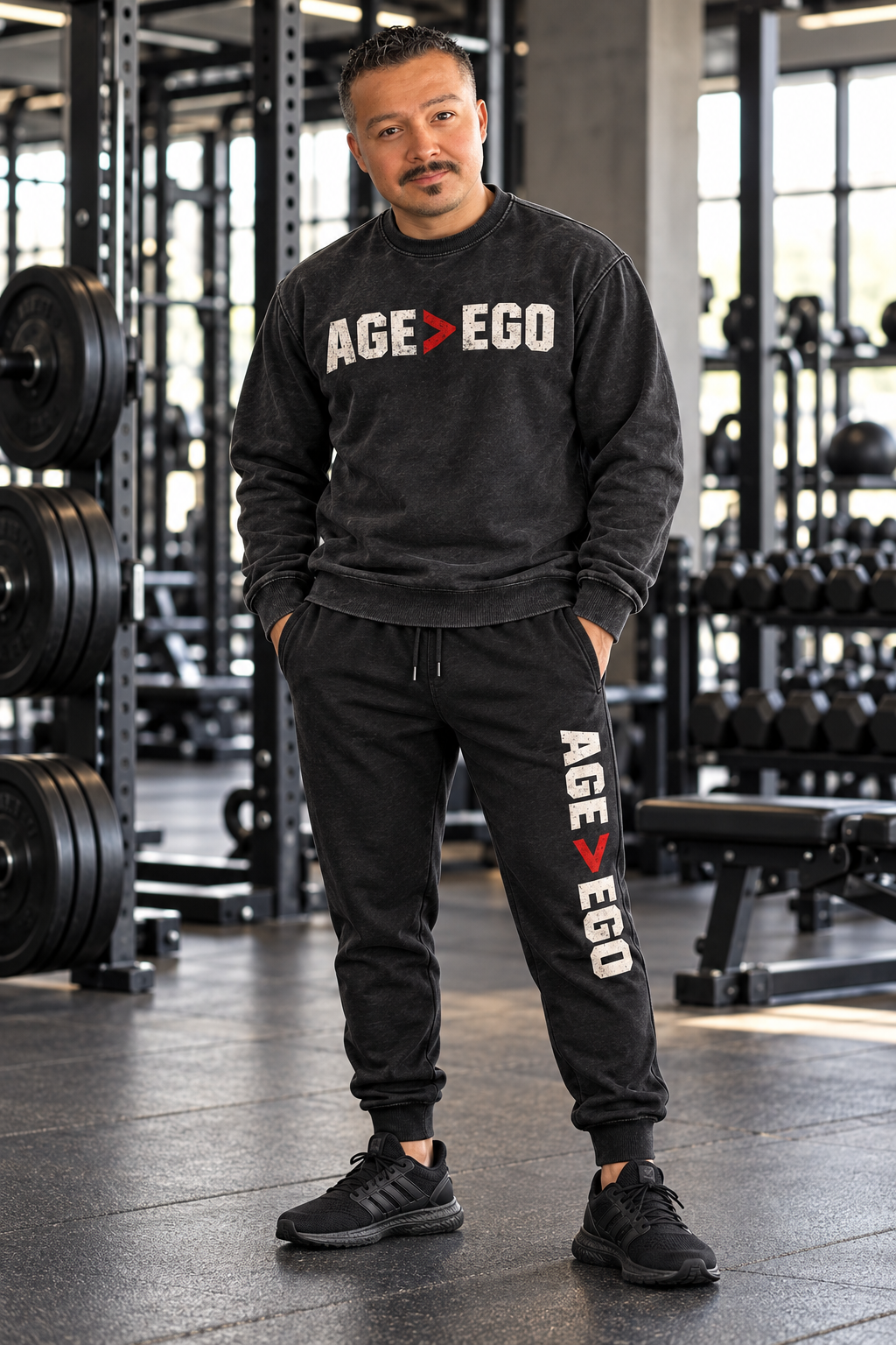 Generated concept of Ivan wearing a black AGE > EGO crewneck and matching joggers in a gym