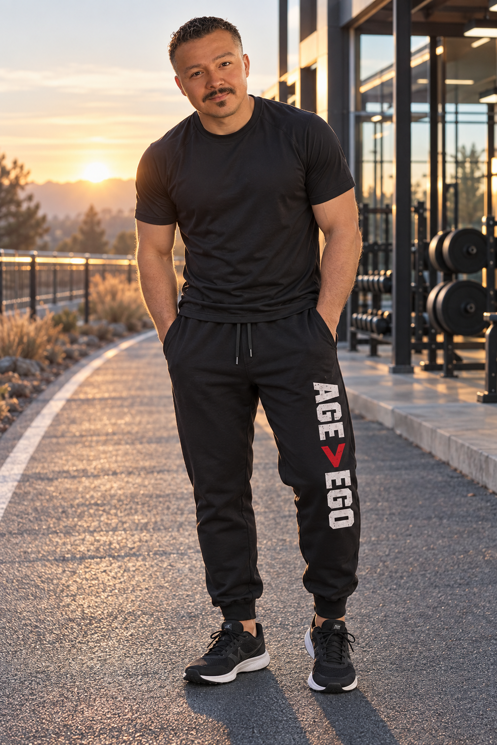 Concept campaign image of Ivan in black AGE > EGO joggers outside a gym